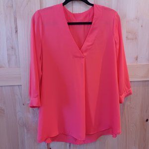 Bright & Vibrant Salmon Pink Summer Blouse with 3/4 length sleeves.